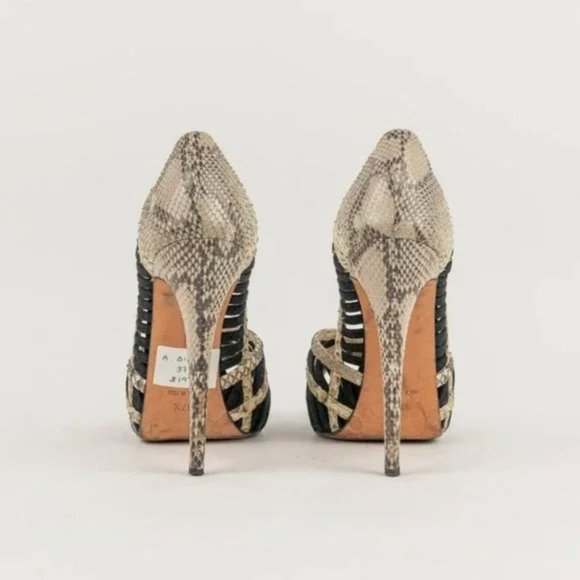 Alexandre Birman Betty Black Suede and Natural Python Peep-Toe Platform Pumps - Picture 3 of 7